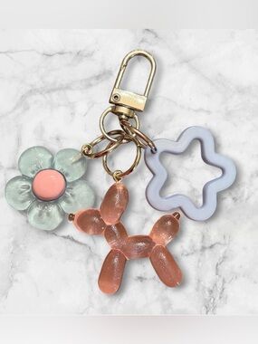 Glitter Pink Balloon Dog Keychain with Pastel Flower & Blue Star